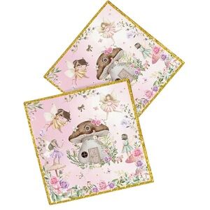 Two (2) Individual Fairy Garden Mushroom Forest House Napkins w Gold Trim